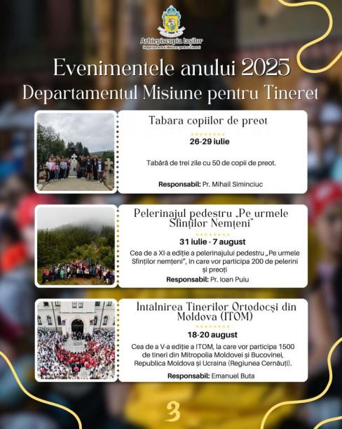 Calendarul de evenimente al Departamentului Misiune pentru Tineret al Arhiepiscopiei Iaşilor